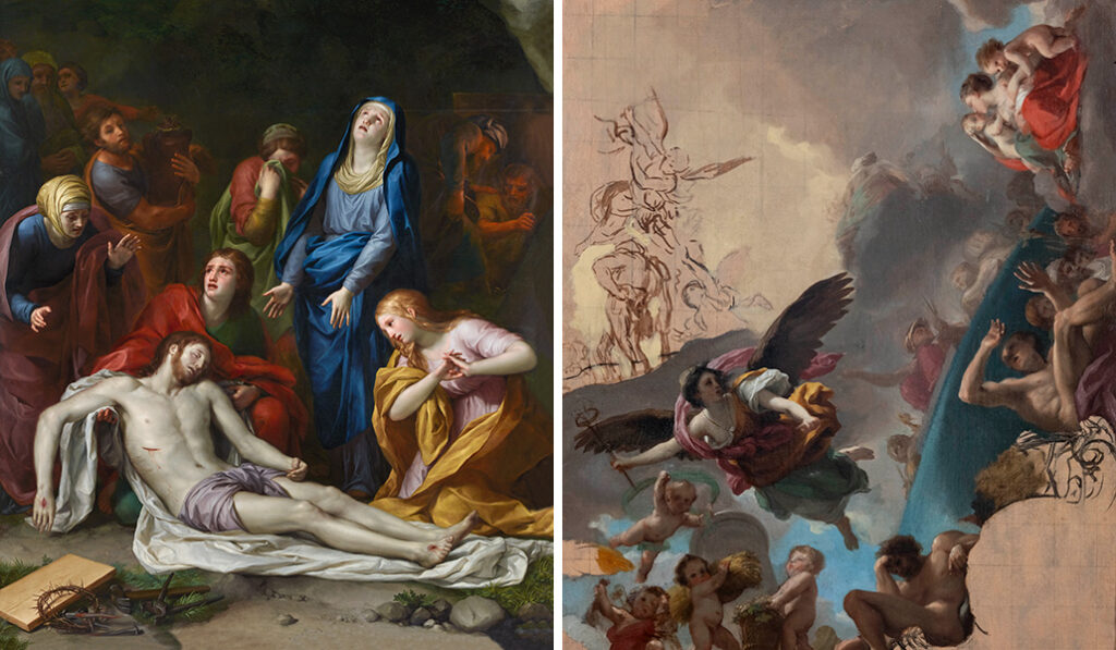 'Lamentación sobre Cristo muerto'. Galería de las Colecciones Reales, de Madrid. A la derecha: 'La apoteosis de Trajano'. Boceto para el Palacio Real. Galería de las Colecciones Reales.