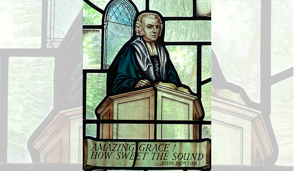 Vitral de John Newton, escritor de 'Amazing Grace', Iglesia de San Pedro y San Pablo, Olney, Buckinghamshire, Inglaterra.