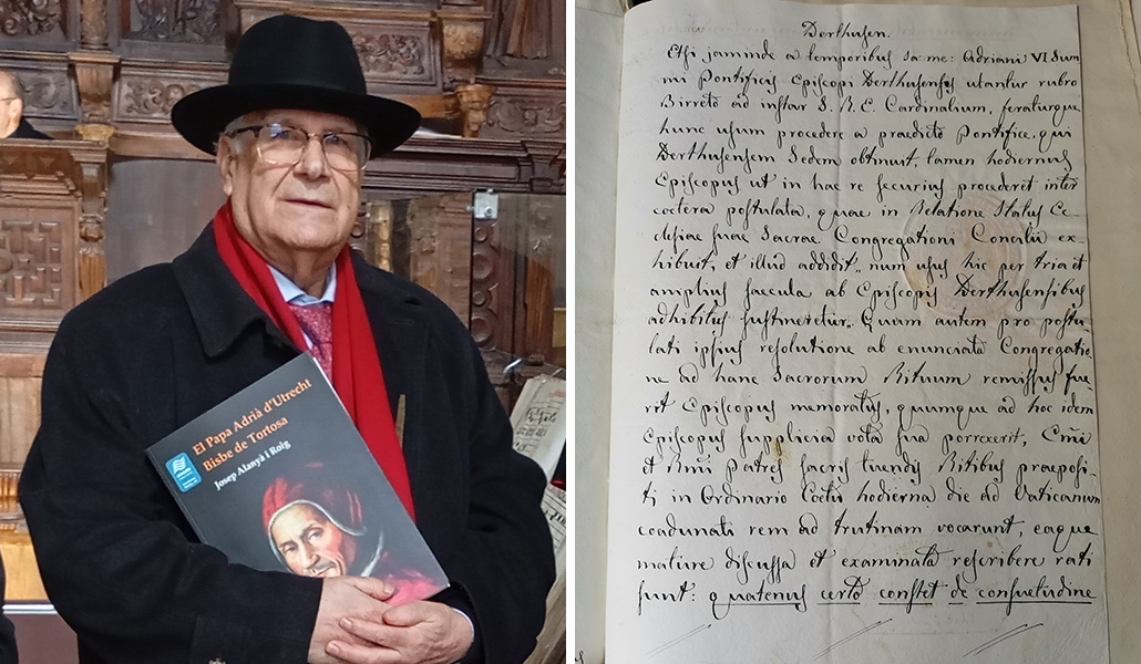 Josep Alanyà durante la presentación de su libro, el pasado 9 de enero. A la derecha: Decreto por el que la Congregación de Ritos autoriza el uso del solideo rojo.