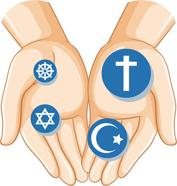 Ilustración de recurso de unas manos con símbolos de varias religiones