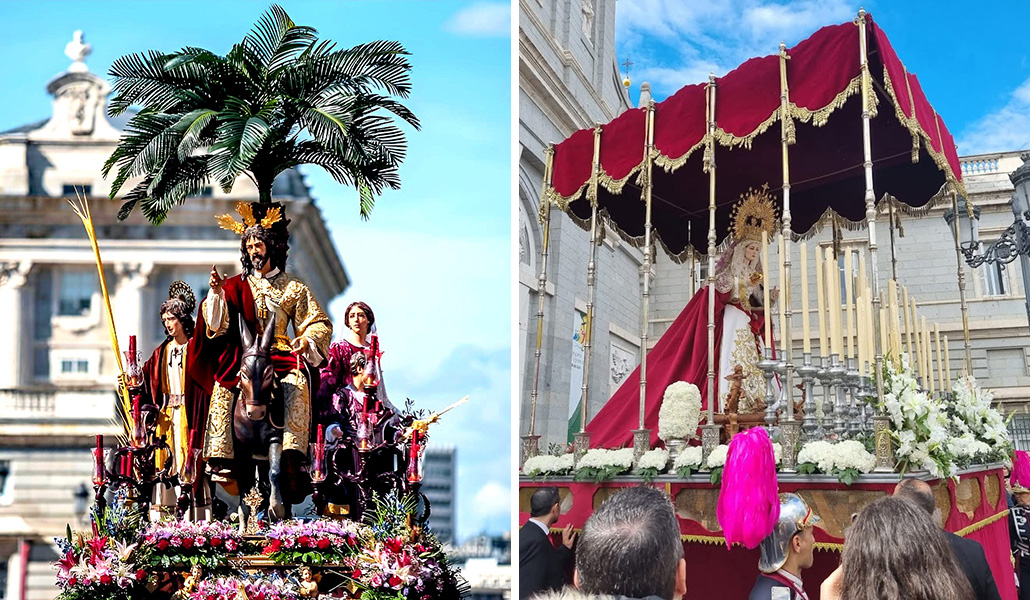 El paso con el Palacio Real de fondo. A la derecha: La imagen de la Virgen sale en la procesión vestida de reina.