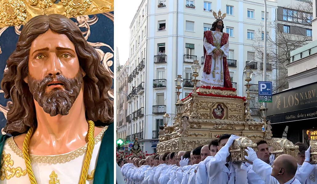 Cristo de la Fe y la Salud. A la derecha: La imagen abriéndose paso entre las calles madrileñas.