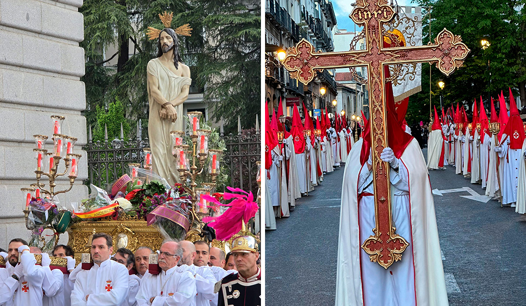 Cristo parece renunciar a usar sus fuertes brazos para romper su atadura. A la derecha: Un cofrade con la cruz de guía.
