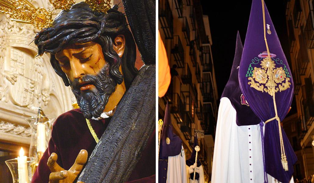 Ángel Rengel les entregó su Cristo en 1998. A la derecha: Un cofrade porta el estandarte por las calles del centro.