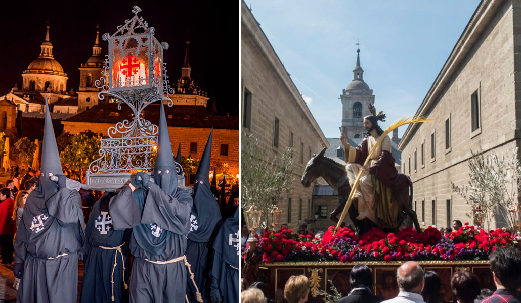 El monasterio de El Escorial, al fondo, mientras unos cofrades procesionan por la plaza de la Constitución. A la derecha: La Borriquita por las calles más emblemáticas de San Lorenzo de El Escorial. Su Semana Santa es de interés turístico.