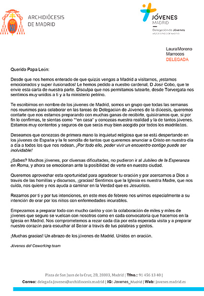 Carta que los jóvenes de Madrid le han enviado al Papa León XIV.