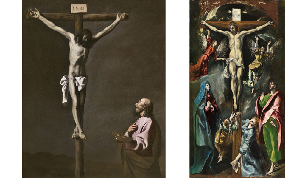 'Cristo crucificado con un pintor'. Zurbarán. A la derecha: 'La crucifixión' (1597). El Greco.