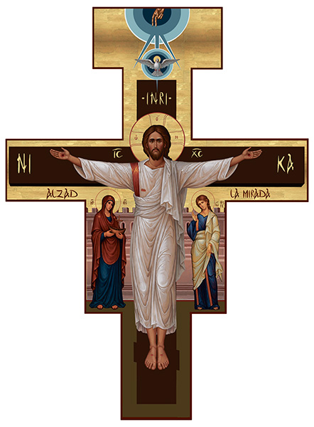 La cruz representa a Jesús resucitado, al Padre y al Espíritu Santo, a María con la barca de la Iglesia y a san Juan.
