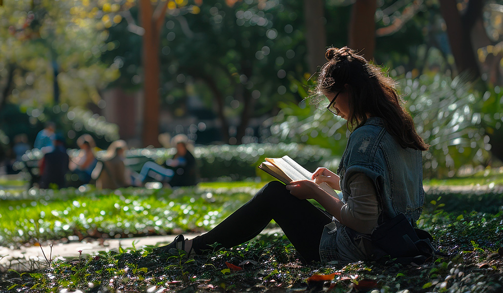 Foto de recurso de una chica leyendo en un parque