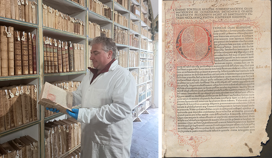 Díaz Majada en la Biblioteca Episcopal. A la derecha: Primera página, con el título y una capitular ilustrada a mano.