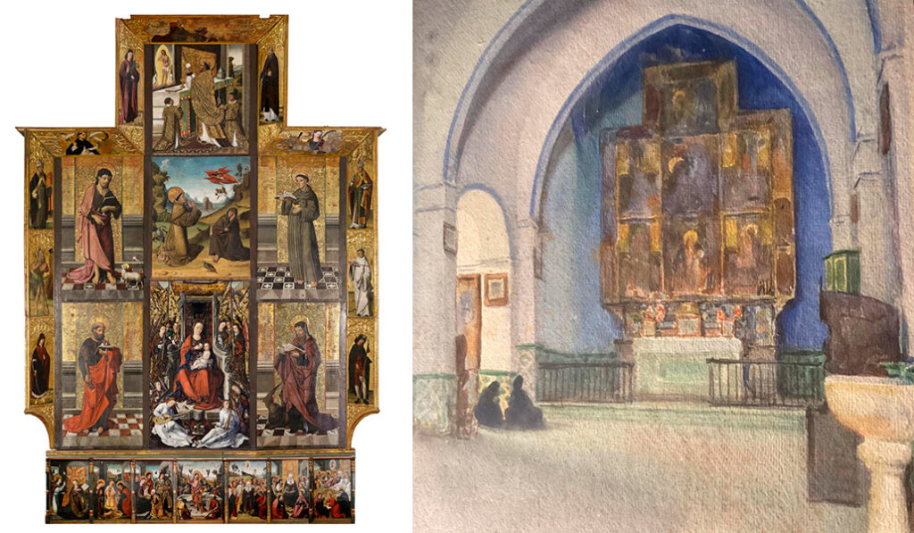 En este retablo «todas la estética es franciscana», dice Martí Vila. A la derecha: 'Interior de la iglesia de Jesús' (1913). Acuarela de Joan Llaverias.