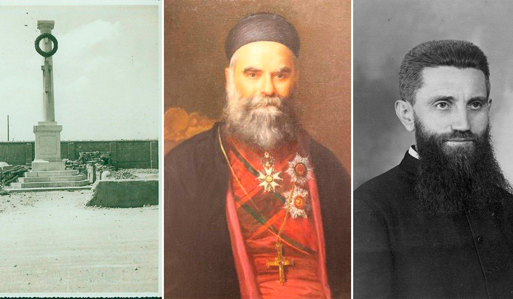 El monumento a los mártires de Santander, el patriarca maronita Elías Hoyek y Costantino Vendrame, misionero salesiano en la India.