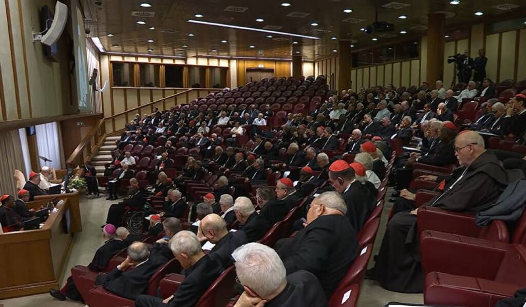 Los cardenales escuchan el discurso conclusivo del Papa. Foto: Vatican Media.