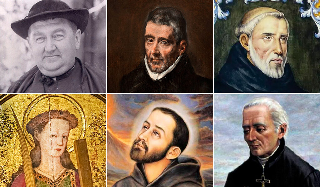 De izquierda a derecha: San Manuel González 4 de enero; San Juan de Ávila, 10 de mayo; Fray Hernando de Talavera, no canonizado; Santa Eulalia, 12 de febrero; San Pedro de San José de Betancur, 24 de abril; San José de Anchieta, 9 de junio.