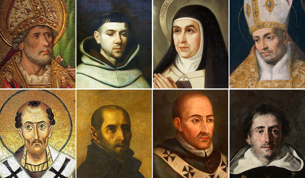 De izquierda a derecha: San Agustín, 28 de agosto; San Juan de la Cruz, 14 de diciembre;  Santa Teresa de Ávila, 15 de octubre; Santo Tomás de Villanueva, 8 de septiembre; San Juan Crisóstomo, 13 de septiembre; San Ignacio de Loyola, 31 de julio; Santo Toribio de Mogrovejo, 23 de marzo; Santo Tomás de Aquino, 28 de enero.
