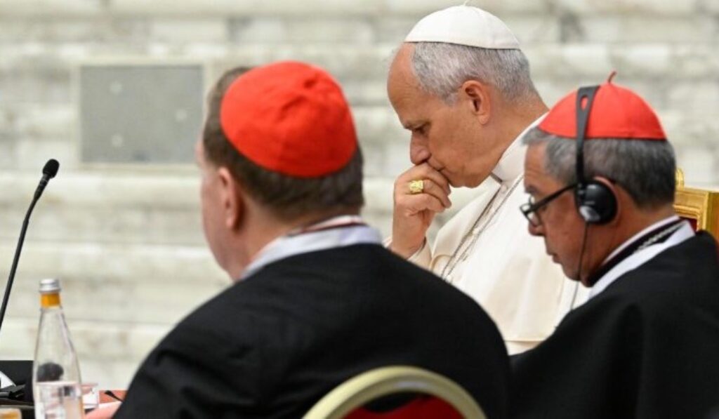 León XIV, en un momento de recogimiento durante la primera sesión del consistorio. Foto: Vatican Media.