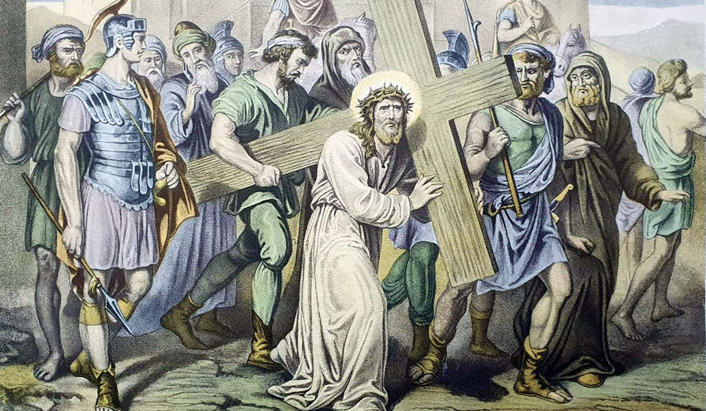 Simón de Cirene y Jesús en este grabado del vía crucis de Nuestra Señora de la Asunción en Villamelendro de Valdavia (Palencia).