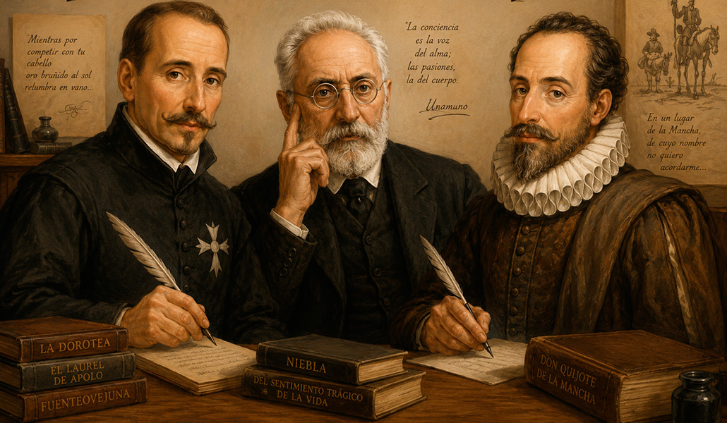 Lope de Vega, Miguel de Unamuno y Miguel de Cervantes, en una imagen generada por IA.