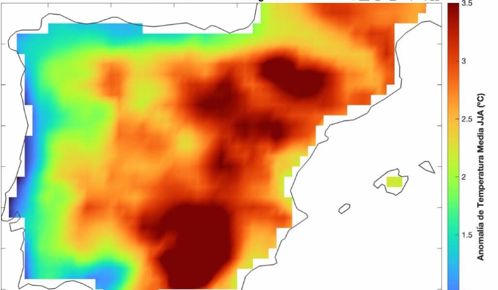 En azul, las zonas donde la temperatura media solo ha subido hasta 1,5ºC. En rojo fuerte, donde ha sido 3,5ºC o más. Foto: Eduardo Agosta.