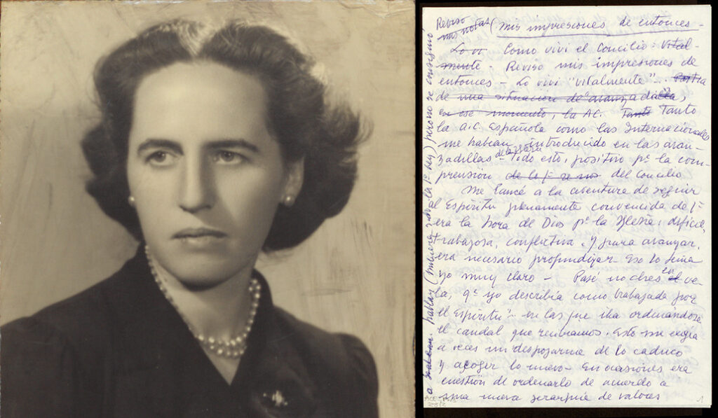 Bellosillo (1913-2003), entre otras muchas tareas y compromisos, presidió la UMOFC. A la derecha: Uno de los muchos escritos en los que esta auditora del Concilio recoge sus vivencias.
