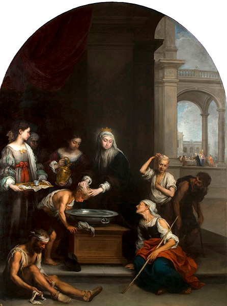 En esta imagen, santa Isabel de Hungría está asistiendo a unos «tiñosos», como reza el título de la obra.