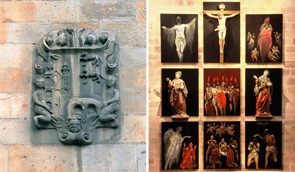 Escudo de la ciudad con la iglesia y el puente. A la derecha: El retablo combina pinturas salvadas de las llamas en el siglo XVI con los cuadros hechos en2003 por Iñaki García Ergüin.
