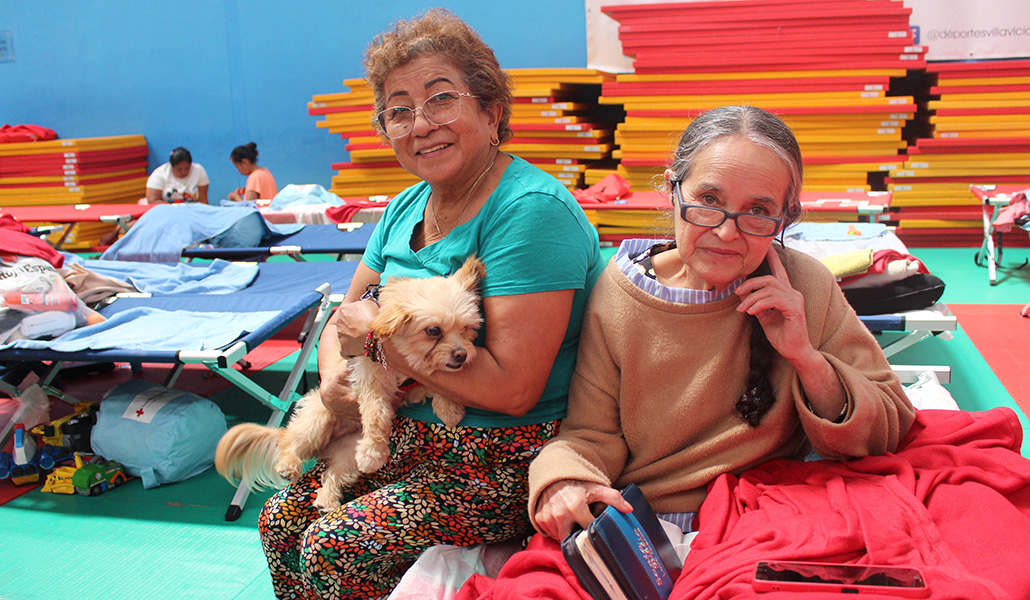 Bélgica (derecha) con otra vecina de Pelayos de la Presa. Los perros en el polideportivo son muchos.