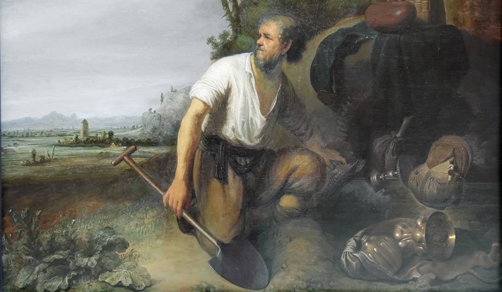 'Parábola del tesoro escondido', que los expertos dudan si es obra de Rembrandt o Gerard Dou. Museo de Bellas Artes de Budapest.