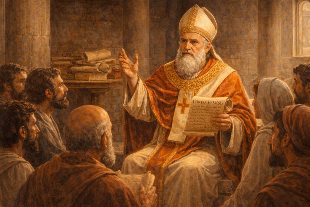 San Ireneo atestigua que los fundamentos del canon del Nuevo Testamento existían ya en el año 180. Foto: creada con IA.