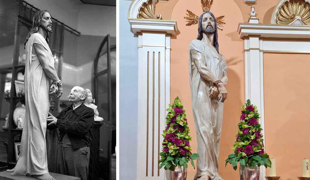 Benlliure posa con el Divino Cautivo. A la derecha: La imagen del titular fue finalizada en 1944.