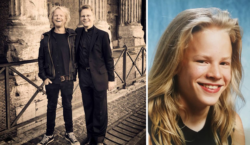 En Roma, con su hermano, nada más recibir la ordenación sacerdotal. A la derecha: Oskari de joven con melena, al más puro estilo 'heavy metal'.