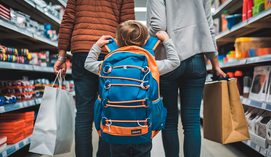 Foto de recurso de un niño con mochila de la mano de sus padres comprando las cosas de la vuelta al cole