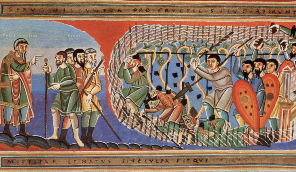 Escena de los viñadores asesinados en el 'Codex Aureus de Echternach', uno de los grandes manuscritos iluminados de la Edad Media.