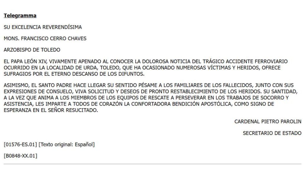 El texto del telegrama enviado por el Papa. Foto: Vatican News.