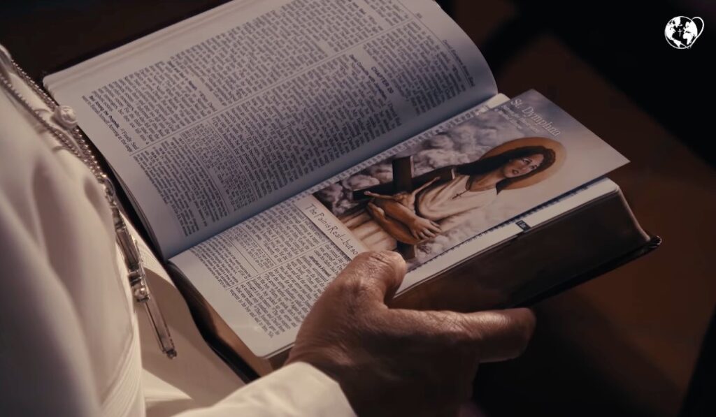 Estampa de santa Dimpna en el vídeo. Foto: Red Mundial de Oración del Papa.